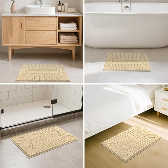 SHACOS Boho Bathroom Rugs 24"x36" Extra Soft Absorbent Microfiber Bath Mats Home Decor Non Slip Bath Rugs Machine Washable Shaggy Carpet for Bath Room Floor Shower Bathtub, Beige 2' x 3'