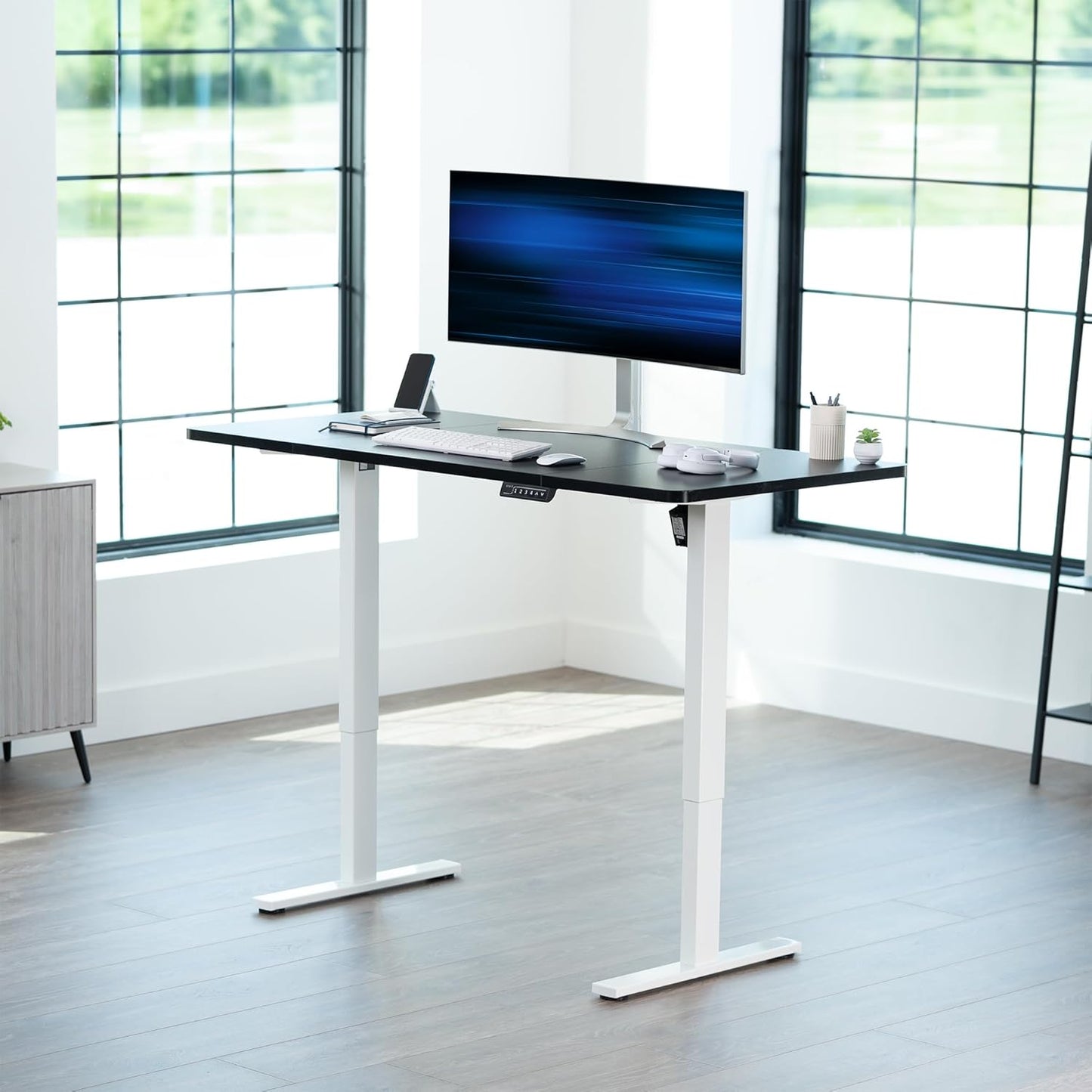 VIVO Electric Standing Desk - 60 x 30 Inch with Memory Height Adjustment - Black Top & White Frame