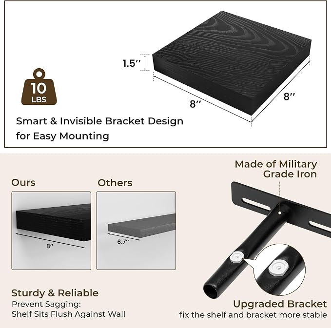RICHFOCUS 8 Inch Floating Shelves for Wall Small Square Shelves Set for Bedroom|Kitchen|Bathroom|Laundry Room Rustic Wood Wall Mounted Shelf with Invisible Brackets for Books|Storage|Decor, Black