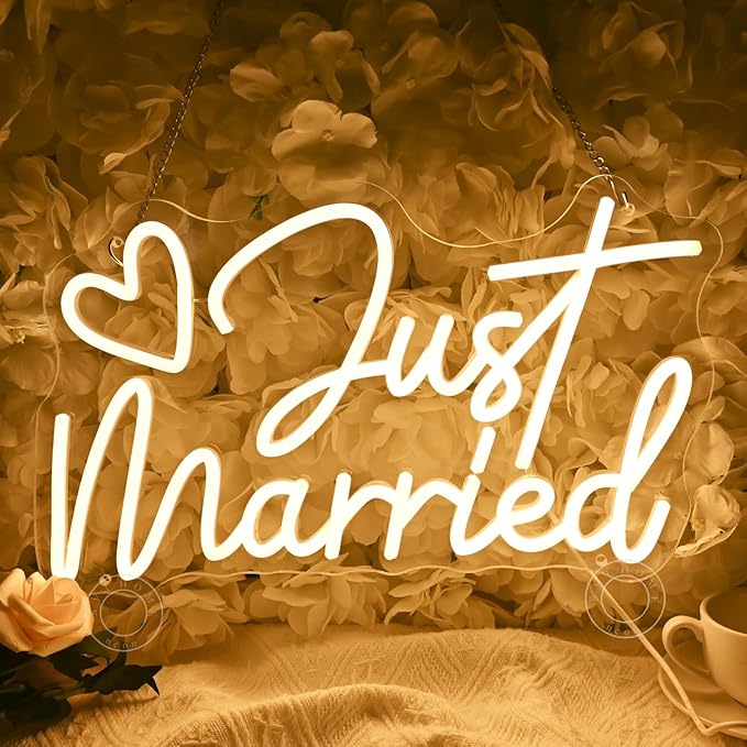 SYLHOME Just Married Led Neon Light Sign Heart Wedding Bridal Shower Backdrop Bedroom Wall Sign Decor Engagement Proposal Party Light Up Sign 15.75" X 9.25" USB