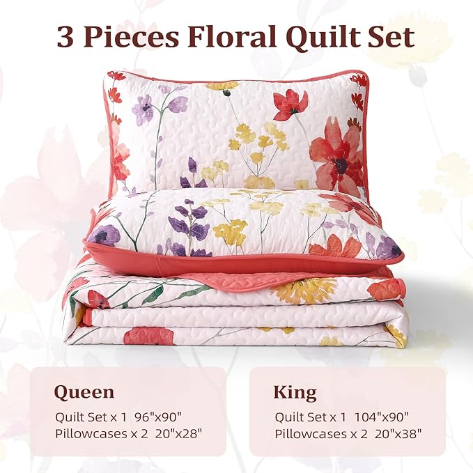 Anibedding Floral Quilt Set King Size, Red Bedspread 3 Pieces Botanical Flower Bedding Set Soft Microfiber Coverlet Set for All Season (King, 104"x90")
