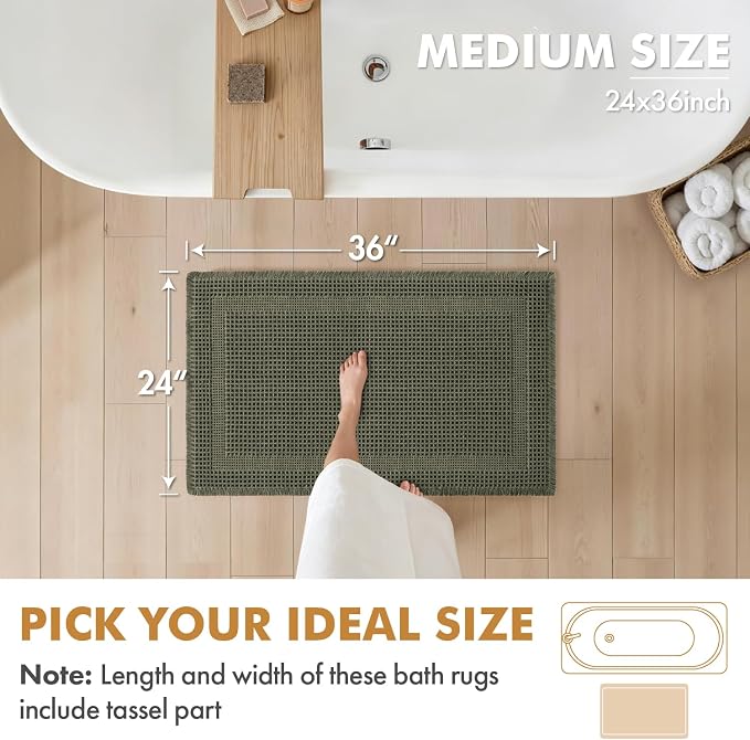 MIULEE Set of 2 Waffle Bathroom Rugs, Boho Bath Rug Super Absorbent, Non Slip Washable Ultra Soft Rubber Backed Shower Bath Mats for Floor, Tub, Shower, Looped Design, Green, 24x36 Inch