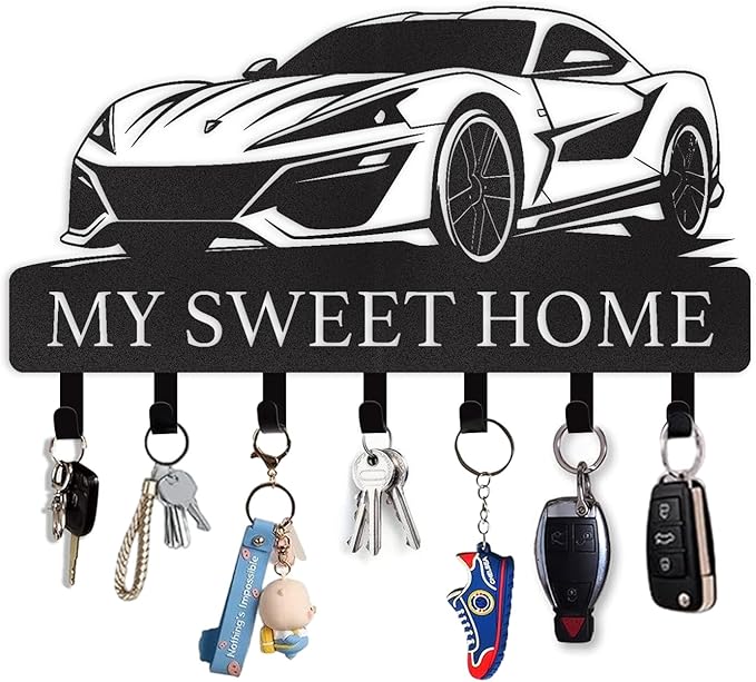 Personalized Metal Key Holder Wall Mount with Hooks, Decorative Car Design Key Hanger for Front Door, Entryway, Hallway, Office