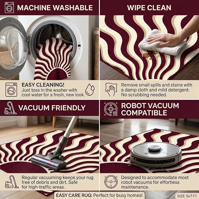 5x7 Retro Abstract Area Rug, Burgundy and Beige Wavy Sunburst Rug, Washable Non-Slip Low Pile Faux Cashmere Rug for Living Room, Bedroom, Home Office