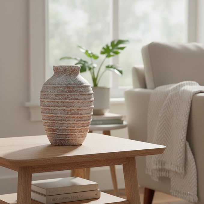 Rustic Ceramic Flower Vase,6.9 Inch Pottery Farmhouse Vases for Home Decor Boho Terracotta Vase Decorations Vintage Floral Vase Decor for Living Room,Table,Bedroom,Shelf,Mantel,Kitchen-Warm Sand Beige