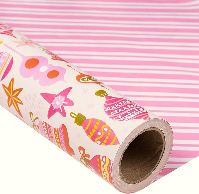 MAYPLUSS Christmas Reversible Wrapping Paper Roll - 17 Inch X 32.8 Feet - Retro Pink Christmas Ornaments and Diagonal Stripes Design Gift Wrap Paper for Christmas, Holiday, New Year Baby Shower
