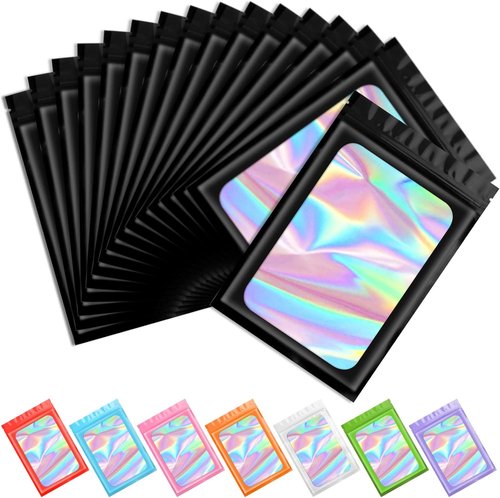 Funfery 100 Pcs Black Holographic Mylar Packaging Bags - Resealable Odor Proof Foil Pouches (4x6 In) | Ideal for Food, Snacks, Jewelry, and More