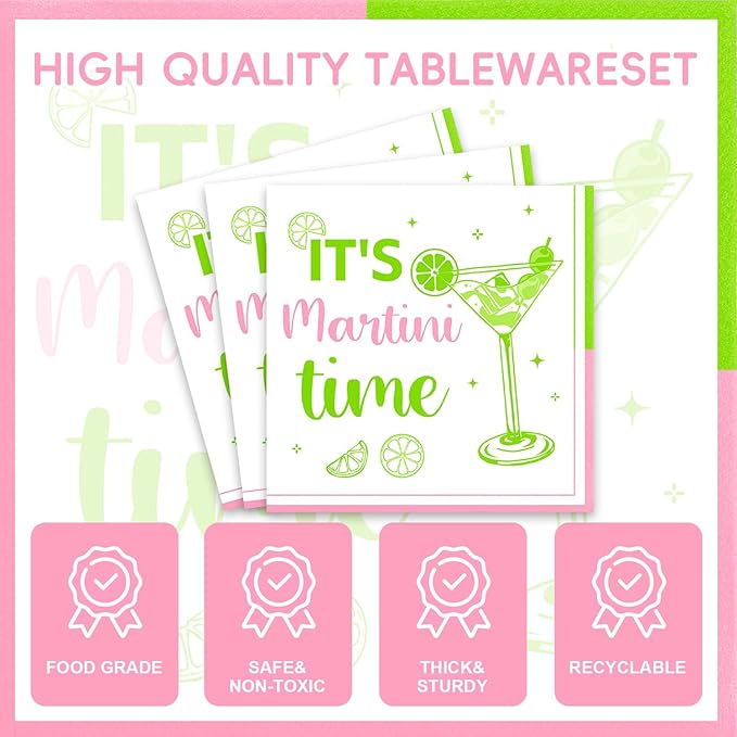 48Pcs Pink and Green Martini Birthday Party Decorations Plates A Tini Bit Older Birthday Plates Napkins Forks for 16 Guests Martini Party Supplies