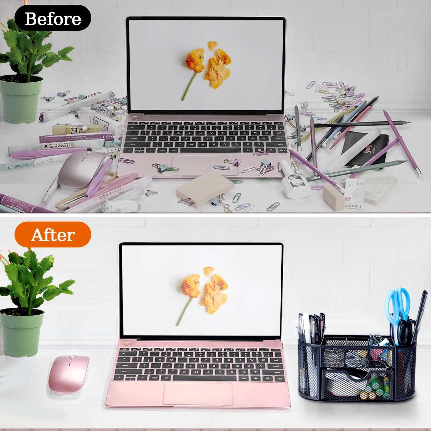 Skiennix Black Mesh Pen Holder - Cute Desk Organizer with 8 Compartments & Drawer for Office, School, Home