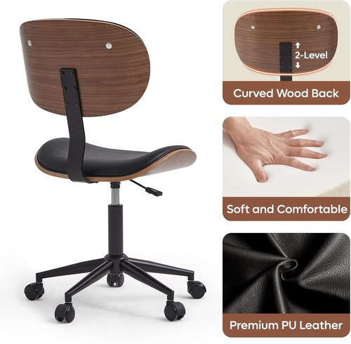 Bestier Small Office Chair - Armless Desk Chair with 360° Swivel & Bentwood Back Support | Height Adjustable, Black PU Leather for Small Spaces