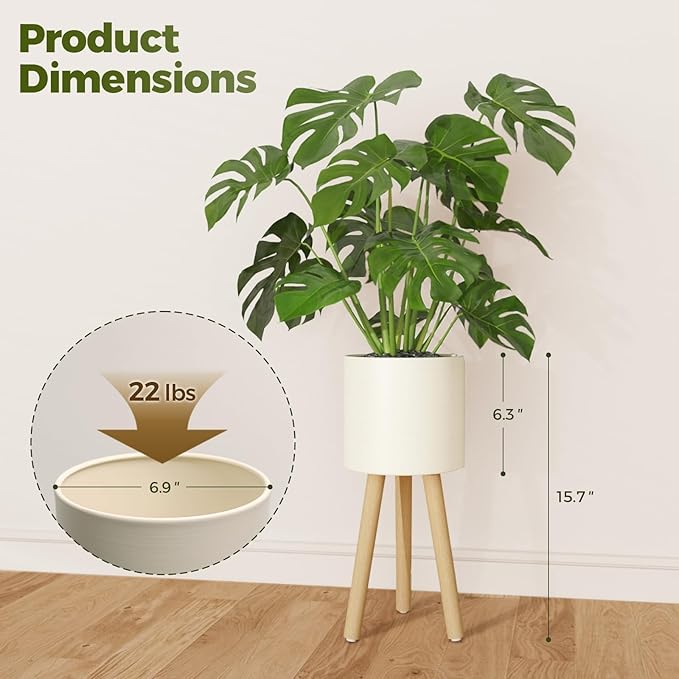 Bamworld Single Plant Holder for Indoor Plants Metal Planter Stand Wooden Leg White Plant Stand Indoor Flower Pot Stand 7in Plant Pot with Stand for Living Room Office Bedroom Decor Modern Home Decor Small