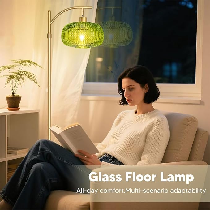 Glass Floor Lamp for Living Room, Modern Standing Lamp for Bedroom, Dimmable Tall Lamp with Shade, Remote,12W LED Bulb Included (Gold+Green)