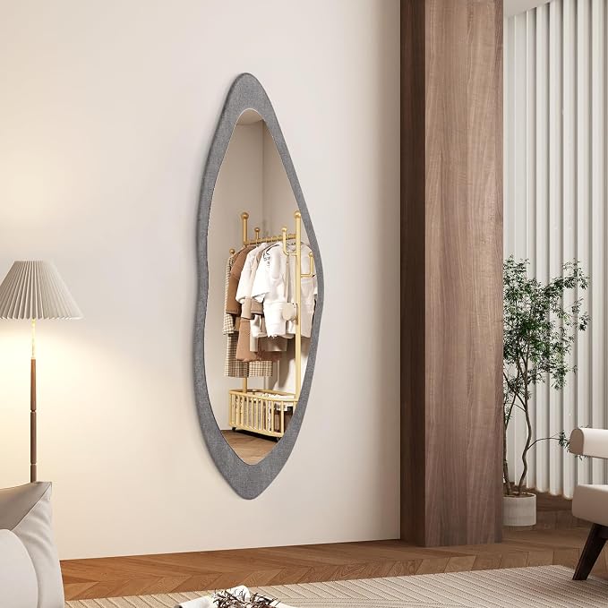 AAZZKANG Wood Mirror Full Length Irregular Large 47"x16" Asymmetrical Full Body Mirrors for Bedroom Living Room Entryway Dressing Room Gray