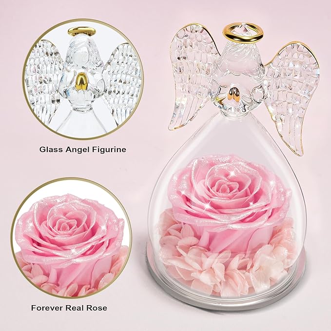 Yamonic Mom Birthday Gifts for Mom, Glass Angel Figurines with Real Rose Gifts for Moms Grandma, Preserved Flowers Real Rose Mothers Day Birthday Valentine’s Day Angel Gifts for Women Her(Pearl Pink)