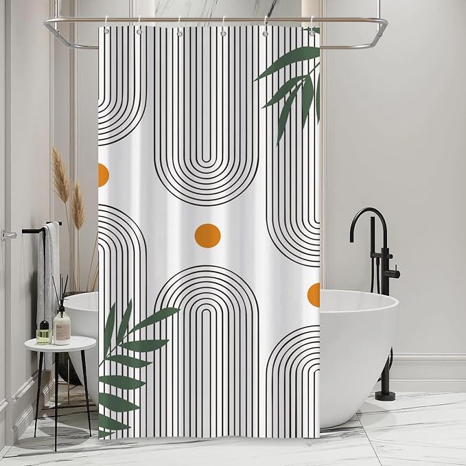 Boho Mid Century Shower Curtain Bohemian Minimalist Geometric Arch Sun Bathroom Curtain Sage Green Plant Polyester Shower Curtain Sets for Bathroom Extra Long 36x72 in with 6 Hooks