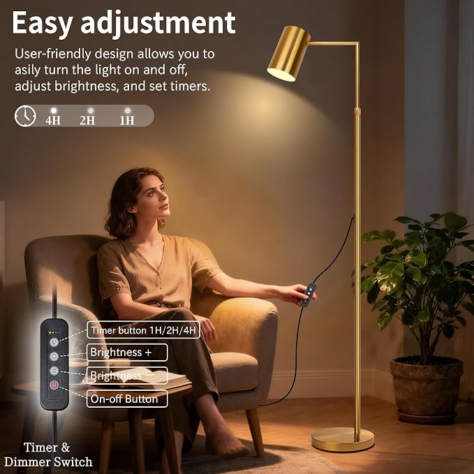 Ldeco Tree Floor Lamp for Living Room,Modern Gold Standing Tall Pole Lamps for Bedroom Office,Vintage 9W LED Bulb Included,Stepless Dimmable&Height Adjustable Arc Floor Lamp with Timer(Gold-DM)