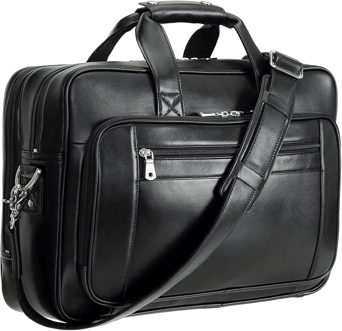 compalo Men's Solid Thick Full Grain Leather 17.3" Laptop Briefcase Classic Messenger Bag Fit Business Travel | Solid, Thick, Full Grain Leather, 17.3", Classic, Fit, Business Travel