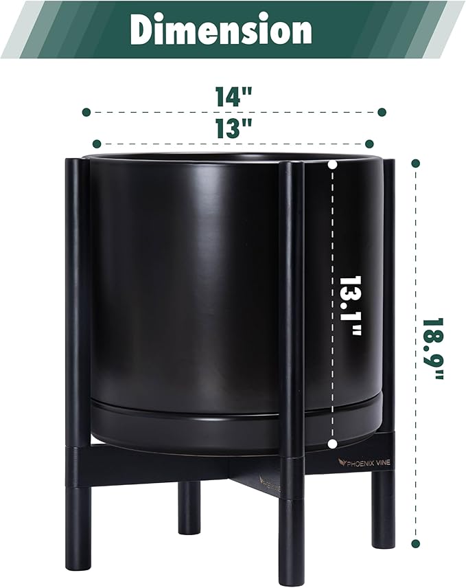 D'vine Dev Ceramic Planter with Ebony Stand - 14 Inch Modern Round Flower Pot with Wood Planter Holder, Black, 55-B-S-2