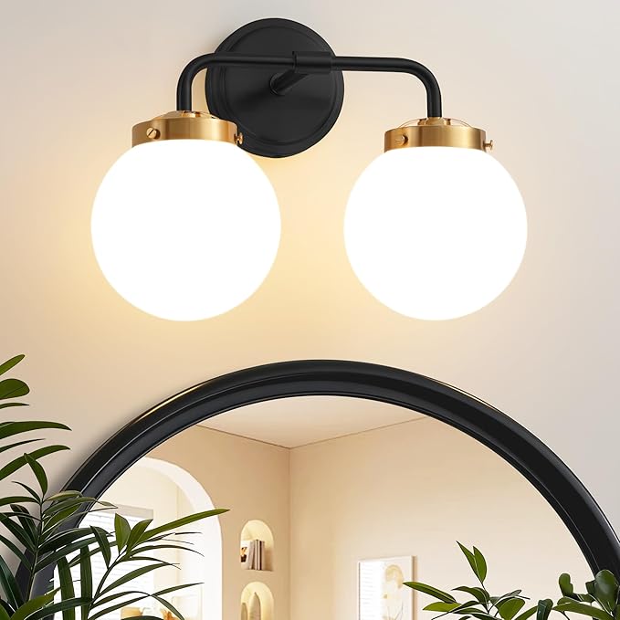 Black Gold Bathroom Light Fixtures Over Mirror, 14.17'' Vanity Lighting with Milk White Glass Globe Shades 2-Light Farmhouse Wall Sconce