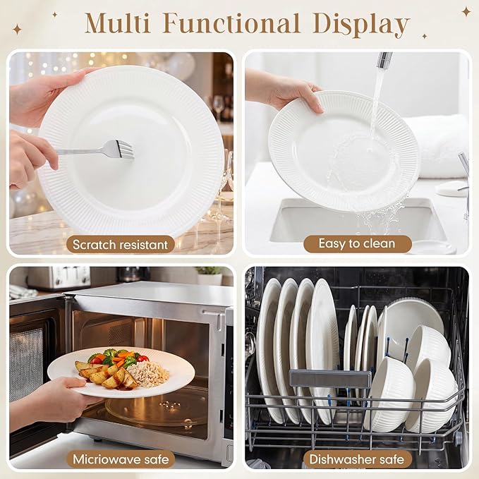 Domensi Ceramic Dinnerware Sets, Embossed Stoneware Plates and Bowls Sets Service for 2(Two More Bowls), Vertical Ribbed Embossed Pattern Oven, Microwave, Dishwasher Safe, Housewarming Wedding Gift