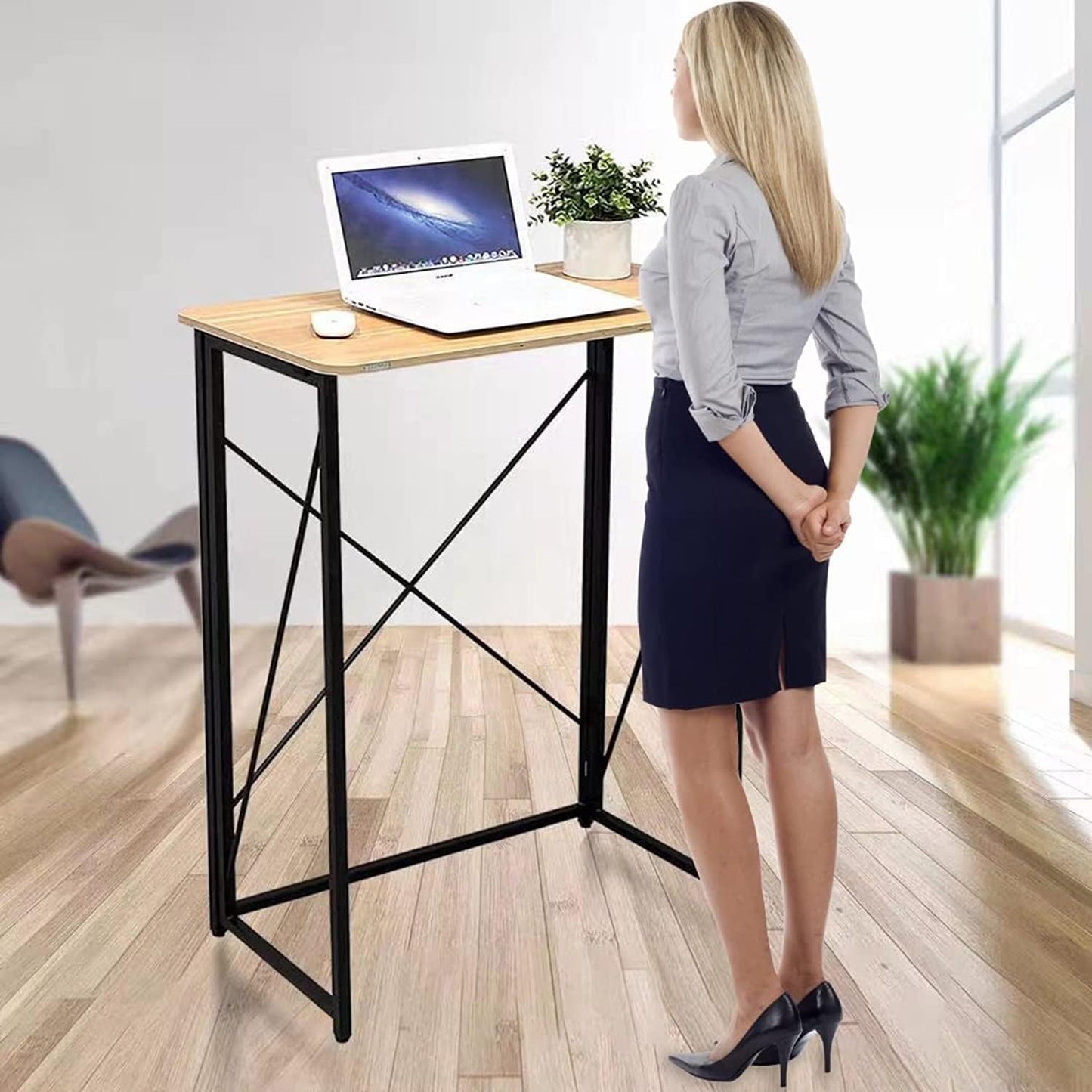 Skiennix Folding Laptop Desk - Versatile 31in Standing & Sitting Desk | No Assembly Required, Wood Finish