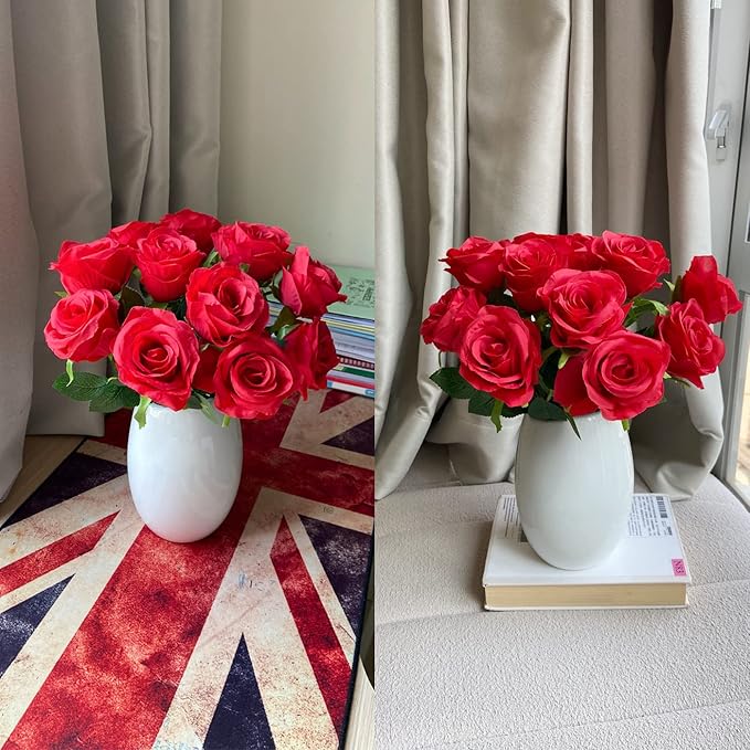 12 PCS Rose Artificial Silk Flowers, Fake Roses with Long Stems Realistic Faux Rose Flower Bouquets for Home Wedding Decoration Party-Red