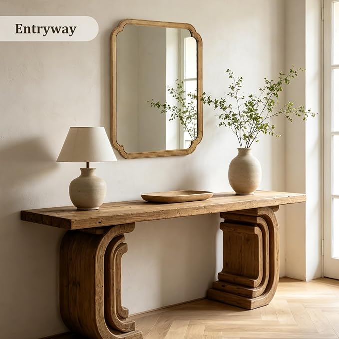 WallBeyond 30" x 36" Wood Bathroom Mirror for Wall Mounted, Rustic Rounded Corner Wood Frame Wall Mirror for Entryway, Living Room or Bedroom Home Decorative, Natural