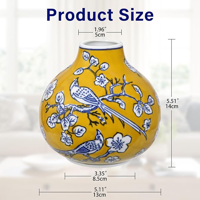 Hollyone Blue and White Vase Porcelain Vases Yellow Small Chinoiserie Decor Yellow Vase Classic Ceramic Gifts Chinese Flower Vases for Bedroom Living Room Console Table Accent Shelf Tabletop Decor