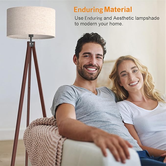 LEPOWER Wood Tripod Floor Lamp, Mid Century Standing Lamp, Modern Design Studying Light for Living Room, Bedroom, Study and Office, Flaxen Lamp Shade with E26 Base Dark Brown