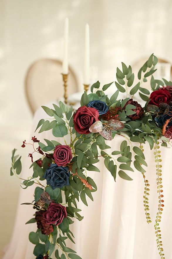 Ling's moment 9FT Eucalyptus and Willow Leaf Garland with White Flower, Handcrafted Wedding Sweetheart Table Centerpieces Head Table Decor Arch Backdrop Decorations for Wedding | Burgundy