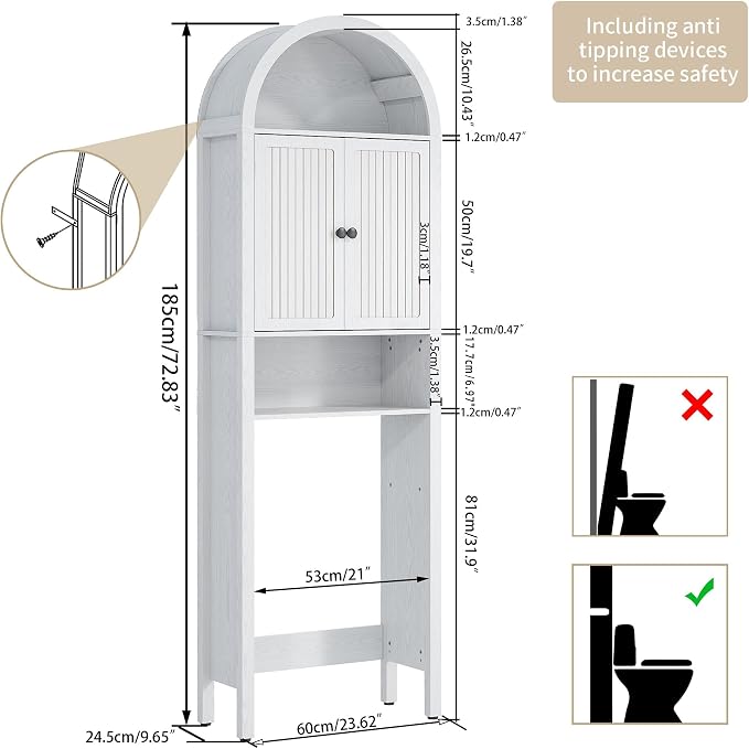 White Over The Toilet Storage Cabinet with Fluted Doors, 4 Tier Small Bathroom Shelf Organizer, Arched Bathroom Cabinet with Adjustable Shelf, Narrow Slim Toilet Rack, Anti-Tipping Device, Wood