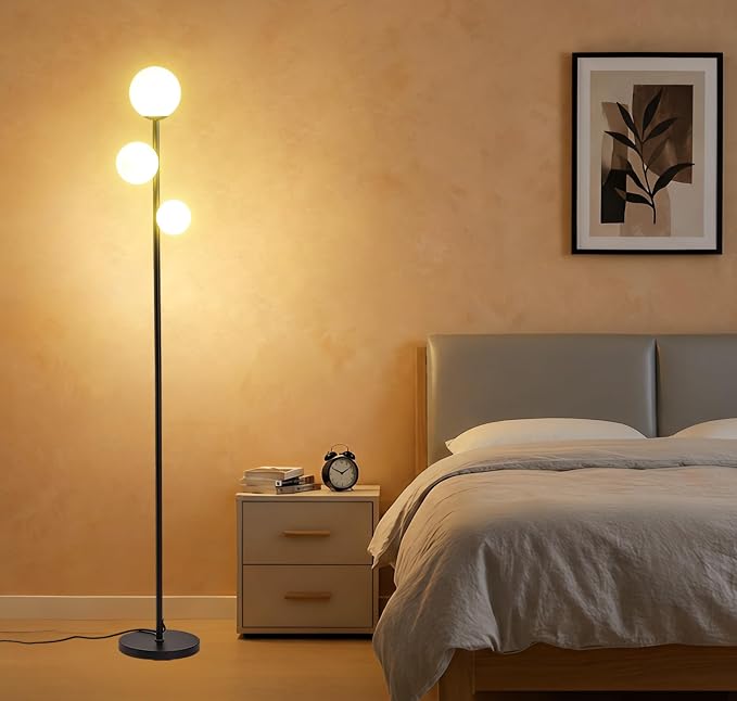 Fiqevs 3 Globe Mid Century Modern Floor Lamp, 3 x 800LM LED Bulbs Included, Matt Black Standing Lamp with Sphere Frosted Glass Shade, Vintage Retro Tall Pole Lamp for Living Room, Bedroom Office