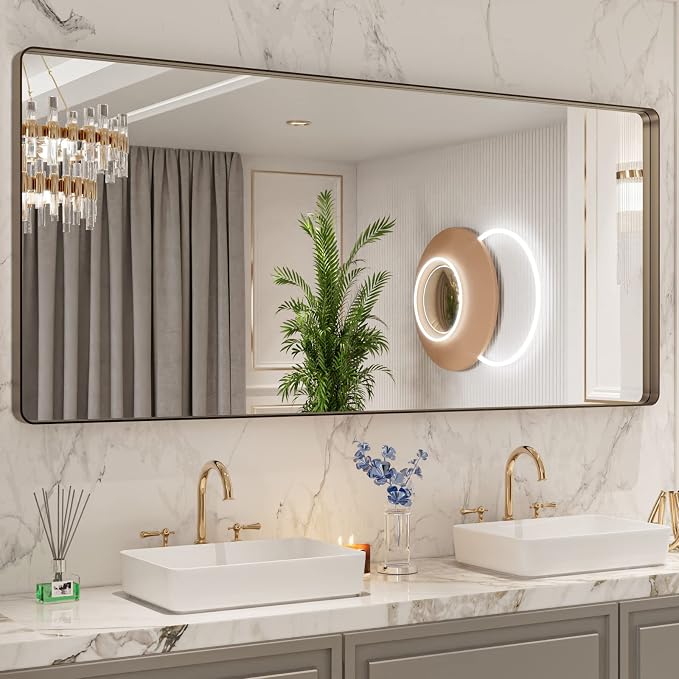 LOAAO 72”X32” Bronze Bathroom Mirrors for Vanity, Rounded Rectangle Brushed Bronze Metal Frame Mirror, Anti-Rust, Tempered Glass, Hangs Horizontally or Vertically