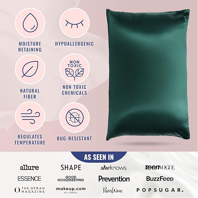 Blissy Silk Pillowcase - 100% Pure Mulberry Silk - 22 Momme 6A High-Grade Fibers - Silk Pillow Cover for Hair & Skin - Regular, Queen & King (Emerald, Standard)