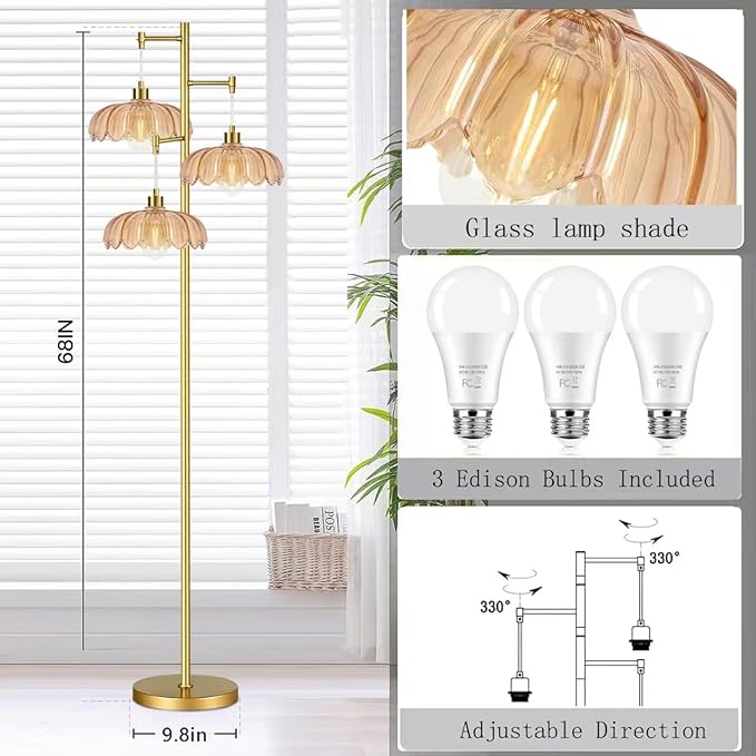ILLMTW Floor Lamp for Living Room,Bedroom,Gold Mid Century Modern Standing Lamp Brass Tree 3 Light Tall Floor Lamps Vintage Retro Floor Lights Glass Flower Lamp Shade Farmhouse Boho Bohemian