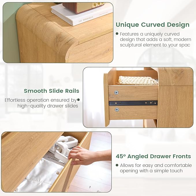 Natural Dresser for Bedroom with 9 Drawers, 57" Wide Modern Drawers with Curved Design, Wood Drawer Organizer for Living Room, Hallway