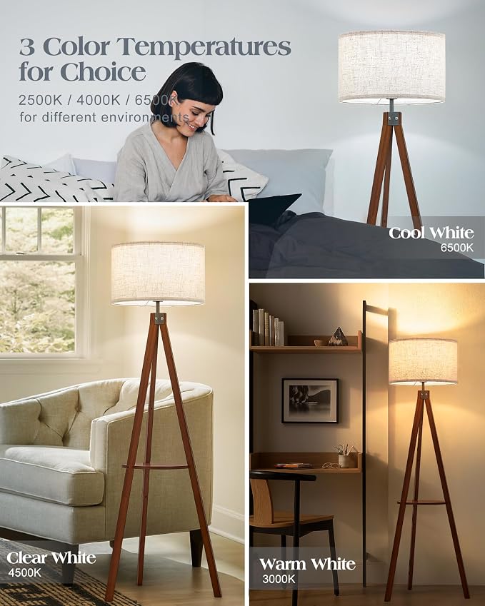 ELYONA Mid Century Floor Lamp with 3 Color Temperatures LED Bulb, Modern Wood Tripod Table Reading Standing Light, Wooden Shelf Floor Lamp for Farmhouse Living Room Bedroom Office Linen Shade Brown