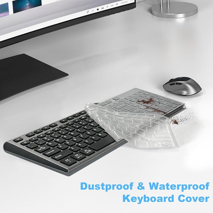 FENIFOX Wireless Keyboard and Mouse, Rechargeable USB C Combo Silent Quiet Compact Full Size Flat with Number Pad Soft Cover for Mac MacBook iMac Windows PC Laptop Computer Office - Black & Grey