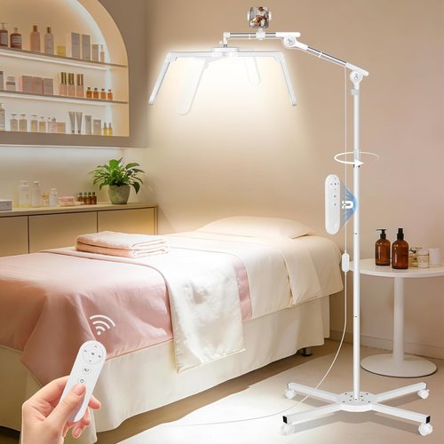 KIRKAS LED Half Moon Floor Lamp - Adjustable Brightness Esthetician Light with Rolling Base & Phone Holder | Craft White