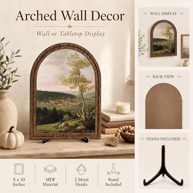 Rustic Farmhouse Tabletop Decor Sign, Arched Wooden Frame Countryside Village Landscape Artwork for Living Room Dining Room Bedroom, Charming Gift Idea
