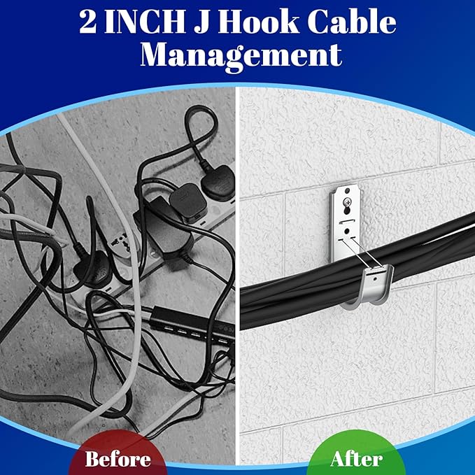 ForoGore 100 Pack 2 Inch J Hook Wall Mount J Hook with Retainer Clip Galvanized Steel Wall Cable Hooks Smooth Round Edge J Hook for Hanging Wire Cable Management & Organization Solution