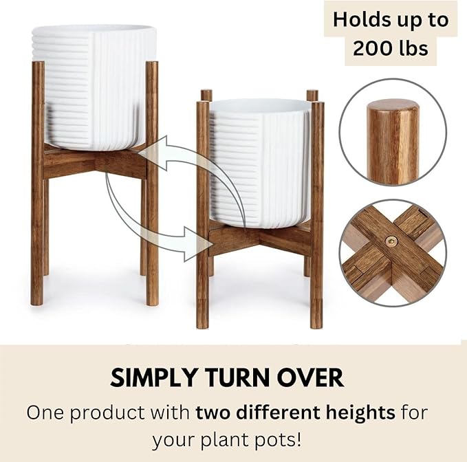 Fox & Fern Adjustable Plant Stand Indoor — 8 to 12 Inch Premium Mid Century Bamboo Plant Stand with Adjustable Width; Plug In Design; Easy to Assemble; Two Heights - For 8, 9, 10, 11 & 12 Inch Pots
