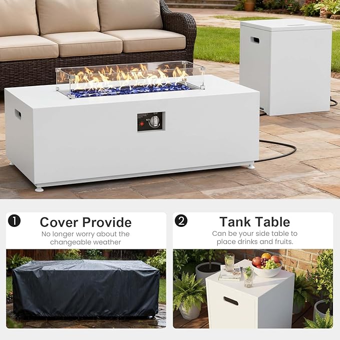 Aeeiua 42" Propane Fire Pit Table Set with Tank Holder, Rectangle 2-Piece Outdoor Firepit Wind Guard, Lid, Glass Stones and Cover