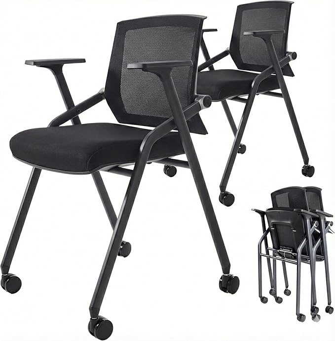 8 Pack Stackable Conference Room Chairs with Paddle Folding Office Chair Foldable Desk Chair Mesh Back and Arms for Conference Meeting Guest Reception Home Office Training Room Chair Black