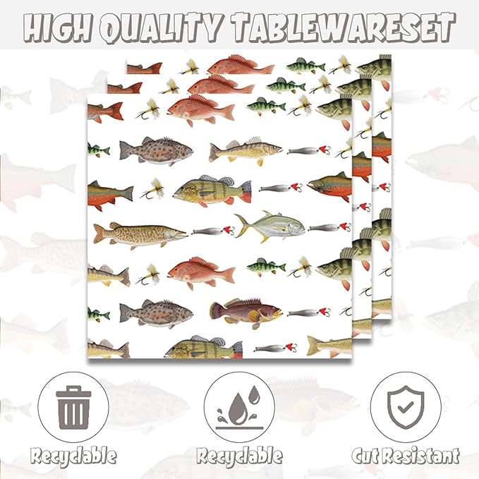 48Pcs GO Fishing Birthday Party Decorations Desserts Plates Napkins forks for 20 Guests Fishing Party Supplies for Kids