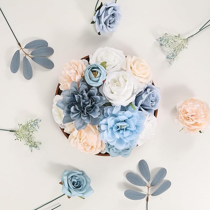 Artificial Flowers Combo Box Blue Fake Flower Bouquet Set for Wedding Centerpieces Arrangements Bridal Shower Birthday Party DIY Decorations
