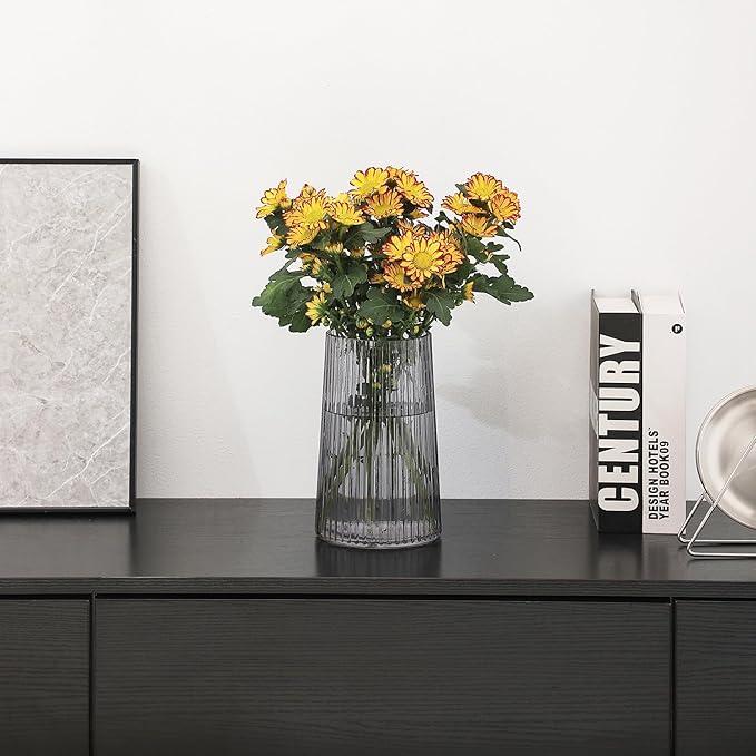 Black Glass Vase for Flower, Flower Vase for Bouquet, Modern Glass Vases, Ribbed Vases for Living Room, Bedroom, Dining Table, Office, Wedding, Centerpieces, 8 Inches