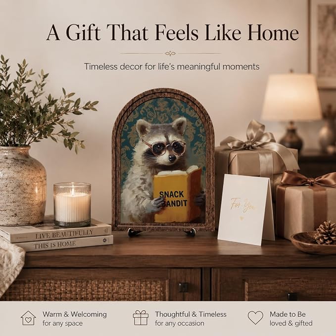 Wooden Tabletop Sign Funny Raccoon Decor for Bookshelf Desk Shelf, Arched Wood Frame Vintage Reading Animal Art, Rustic Home Office Display Accent for Animal Lovers