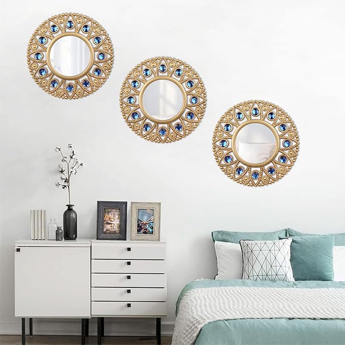 DXYAKY Gold Round Decorative Wall Mirrors Set of 3, Lightweight Plastic Framed Mirrors with Blue Crystal Accents, 9.8 Inch Vintage Boho Wall Decor for Livingroom, Bedroom, Entryway