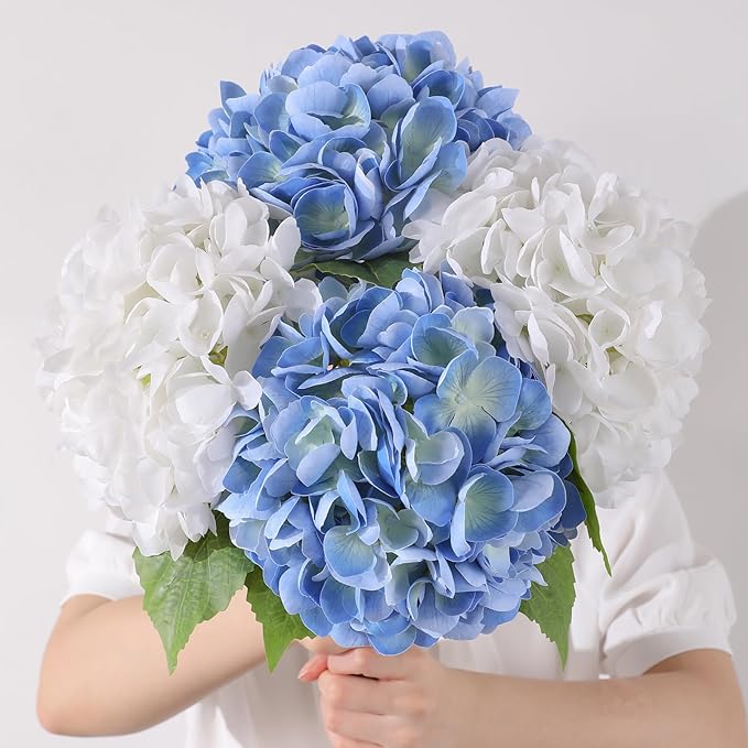 4Pcs Hydrangea Artificial Flowers, 22.44" Real Touch Latex Faux Hydrangea with Long Stems & Leaves for Home Office Decor or Wedding, Party, Centerpieces, Floral Arrangements (White&Blue)